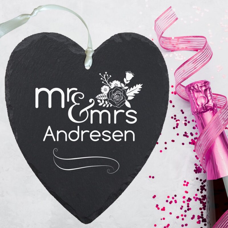 Bild von schieferherz mr mrs mit wujpg | Individuelle 🎁 persönliche 🎁 personalisierte Geschenke bedruckt ▪ bestickt ▪ graviert