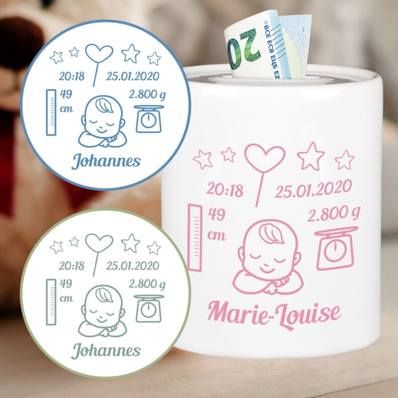 Bild von spardose zur geburt mit personjpg | Individuelle 🎁 persönliche 🎁 personalisierte Geschenke bedruckt ▪ bestickt ▪ graviert