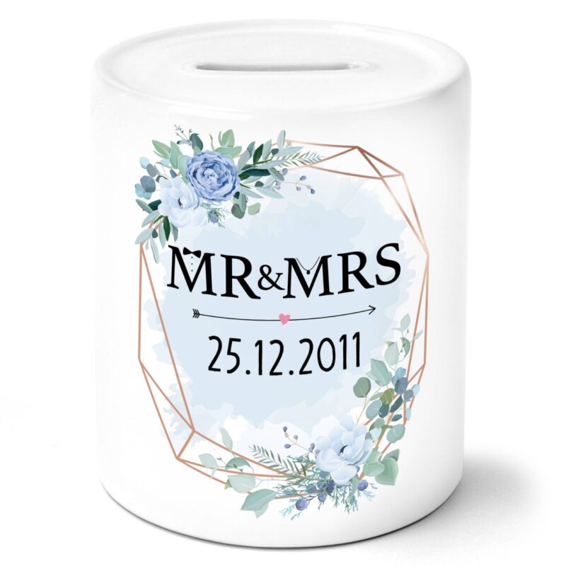 Bild von mr mrs blumen blau mit datumjpg | Individuelle 🎁 persönliche 🎁 personalisierte Geschenke bedruckt ▪ bestickt ▪ graviert