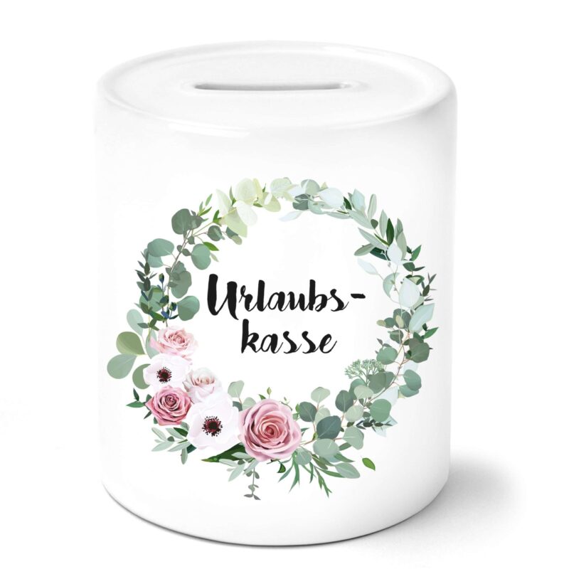 Bild von urlaubskasse mit blumenkranzjpg | Individuelle 🎁 persönliche 🎁 personalisierte Geschenke bedruckt ▪ bestickt ▪ graviert