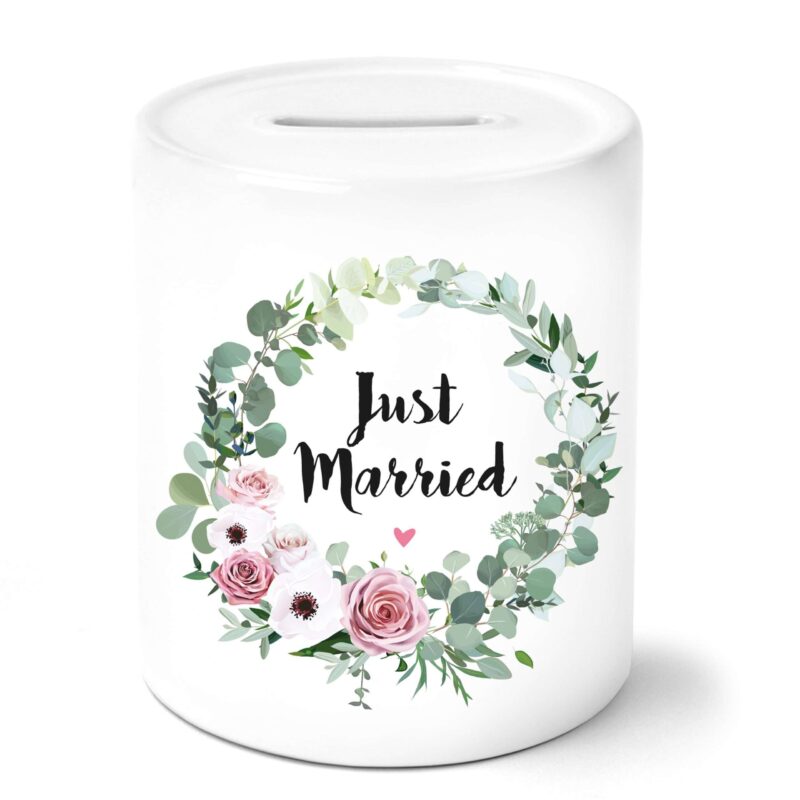 Bild von just married mit blumenkranzjpg | Individuelle 🎁 persönliche 🎁 personalisierte Geschenke bedruckt ▪ bestickt ▪ graviert